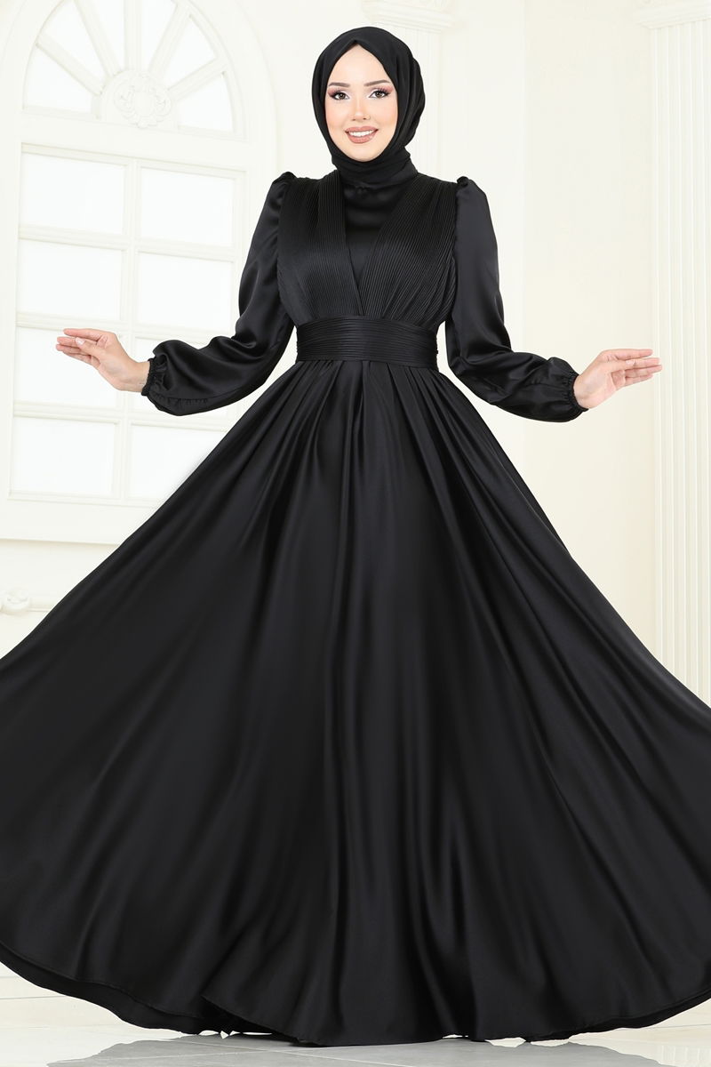 Black Patterned Modest Evening Dress 2382ANT466