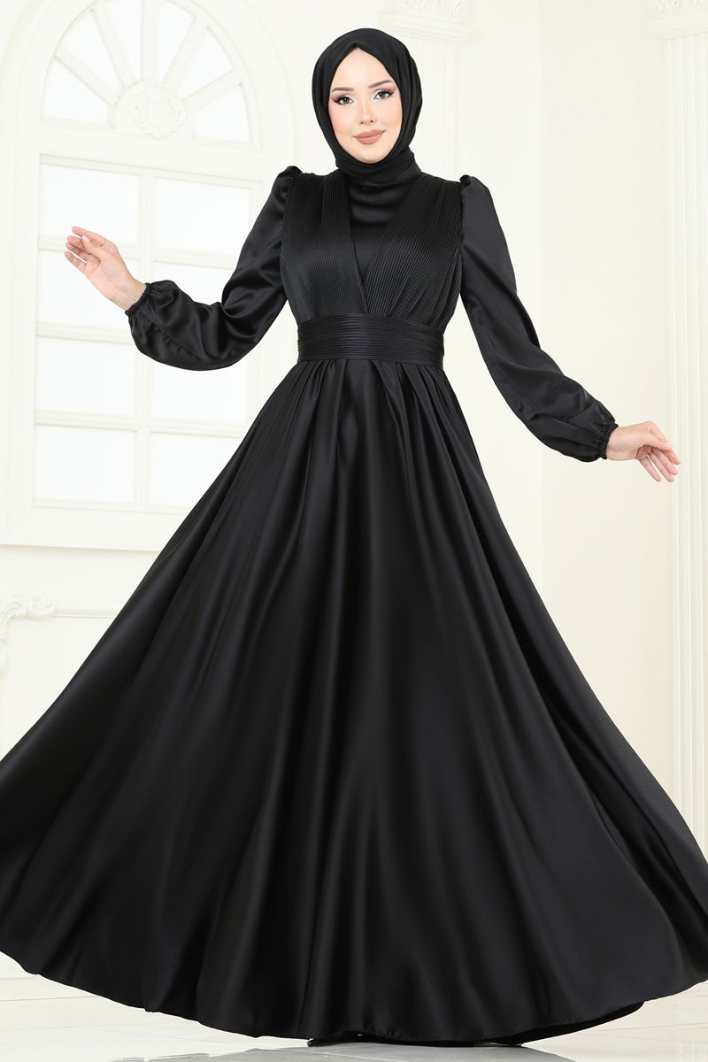 Black Patterned Modest Evening Dress 2382ANT466