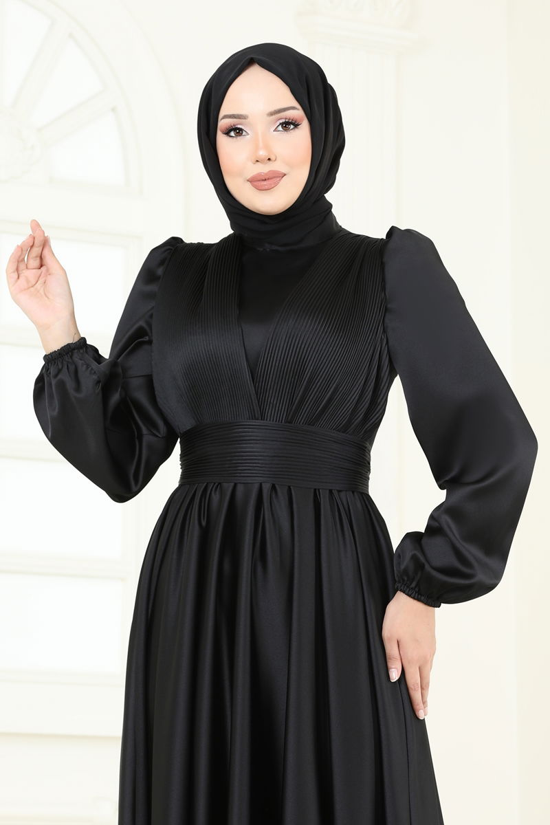 Black Patterned Modest Evening Dress 2382ANT466