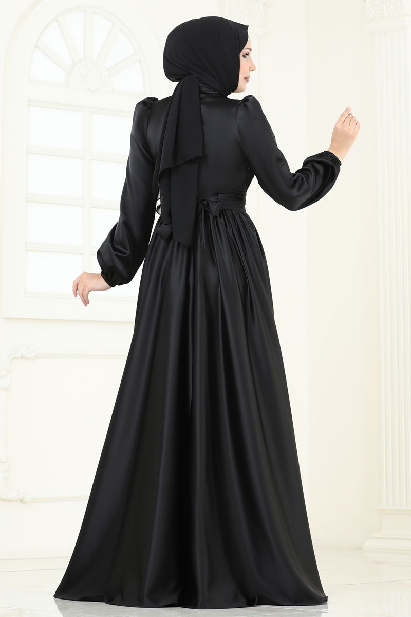 Black Patterned Modest Evening Dress 2382ANT466