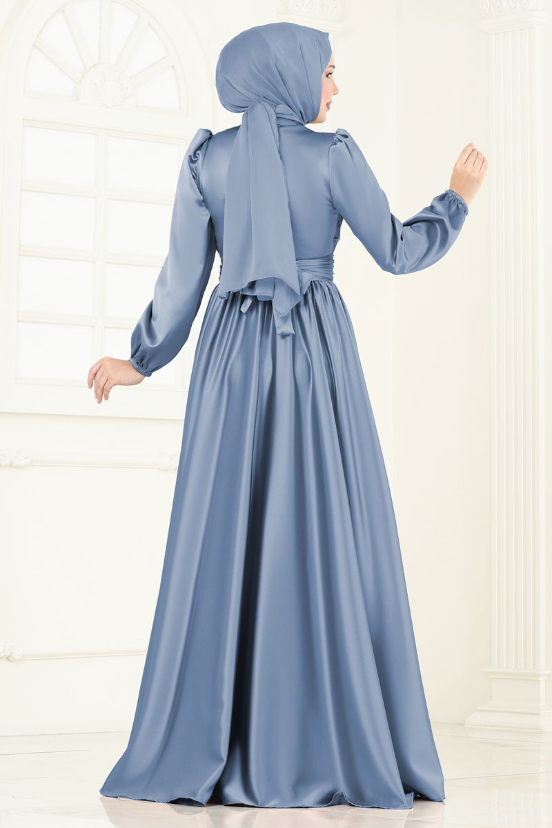 Evening Dress Blue Belted Modest Maxi Gown 2382ANT466