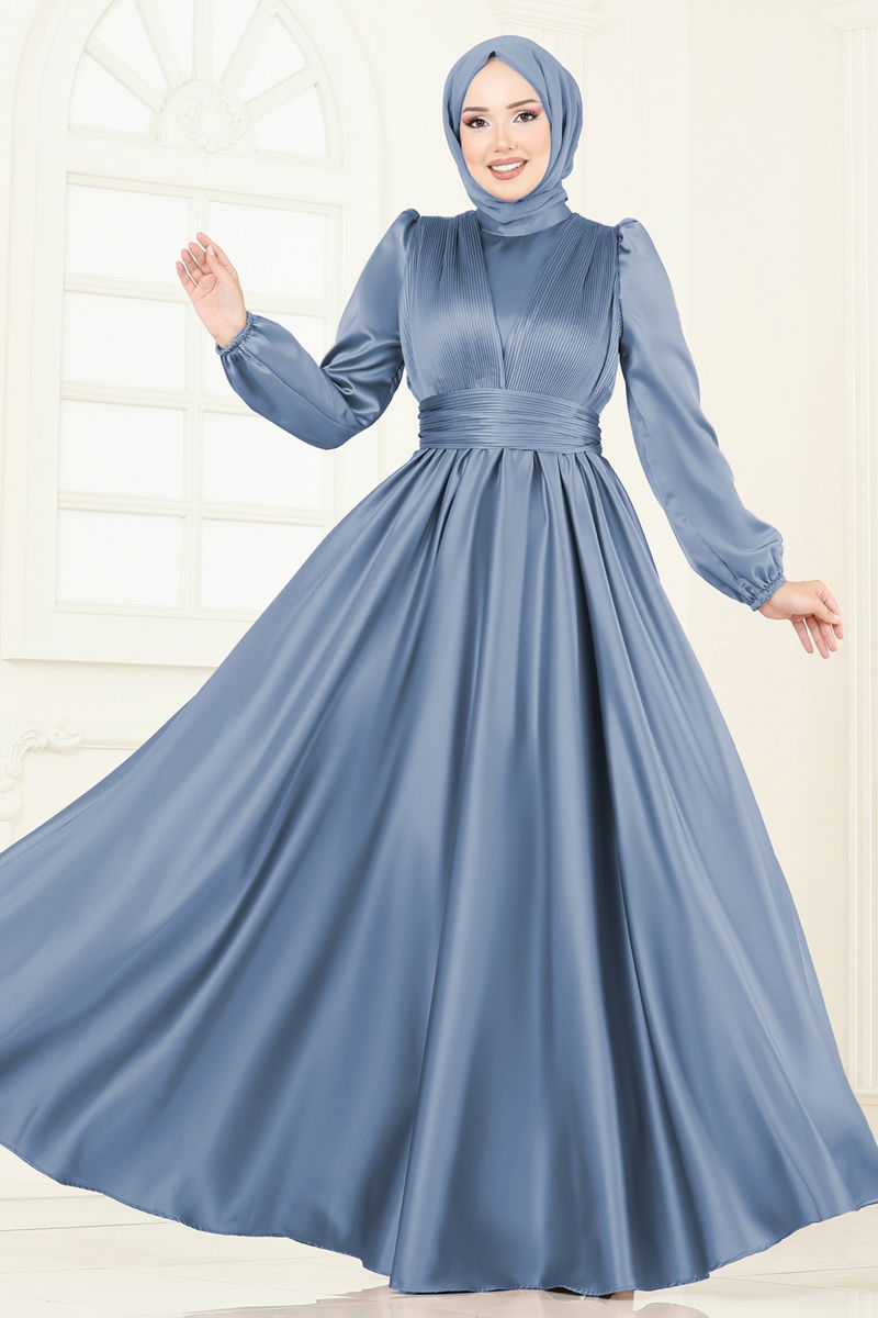 Evening Dress Blue Belted Modest Maxi Gown 2382ANT466