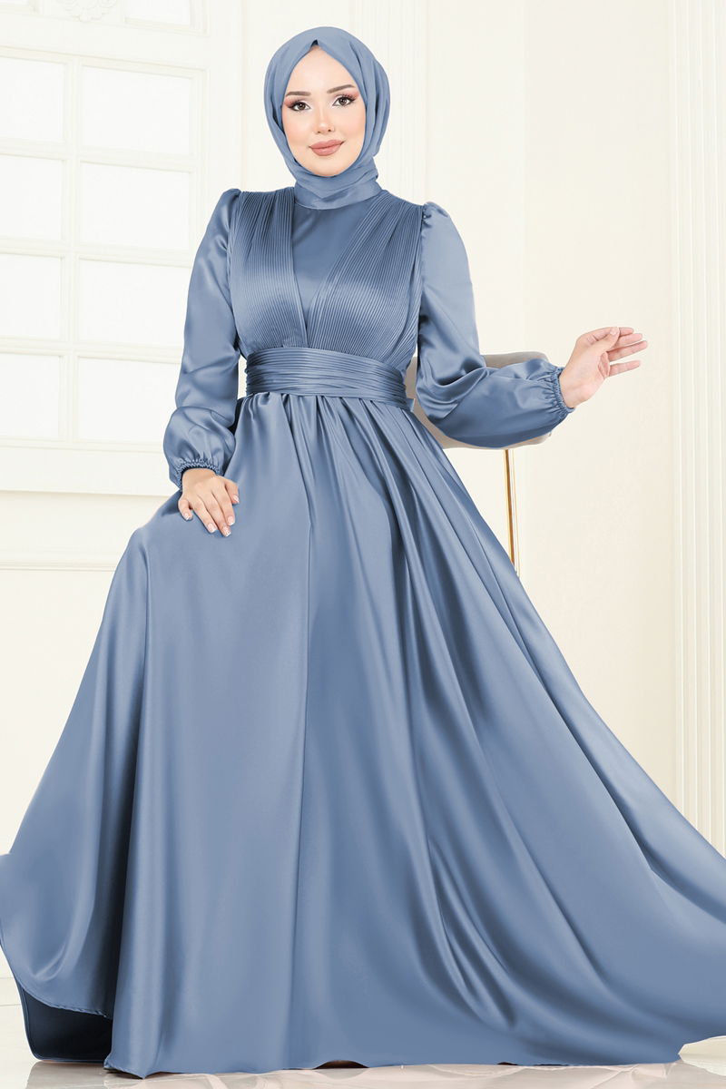 Evening Dress Blue Belted Modest Maxi Gown 2382ANT466
