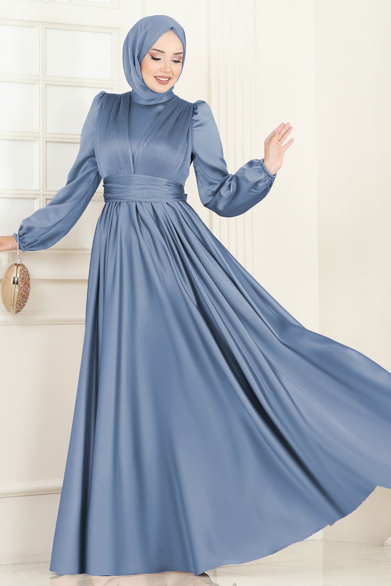 Evening Dress Blue Belted Modest Maxi Gown 2382ANT466