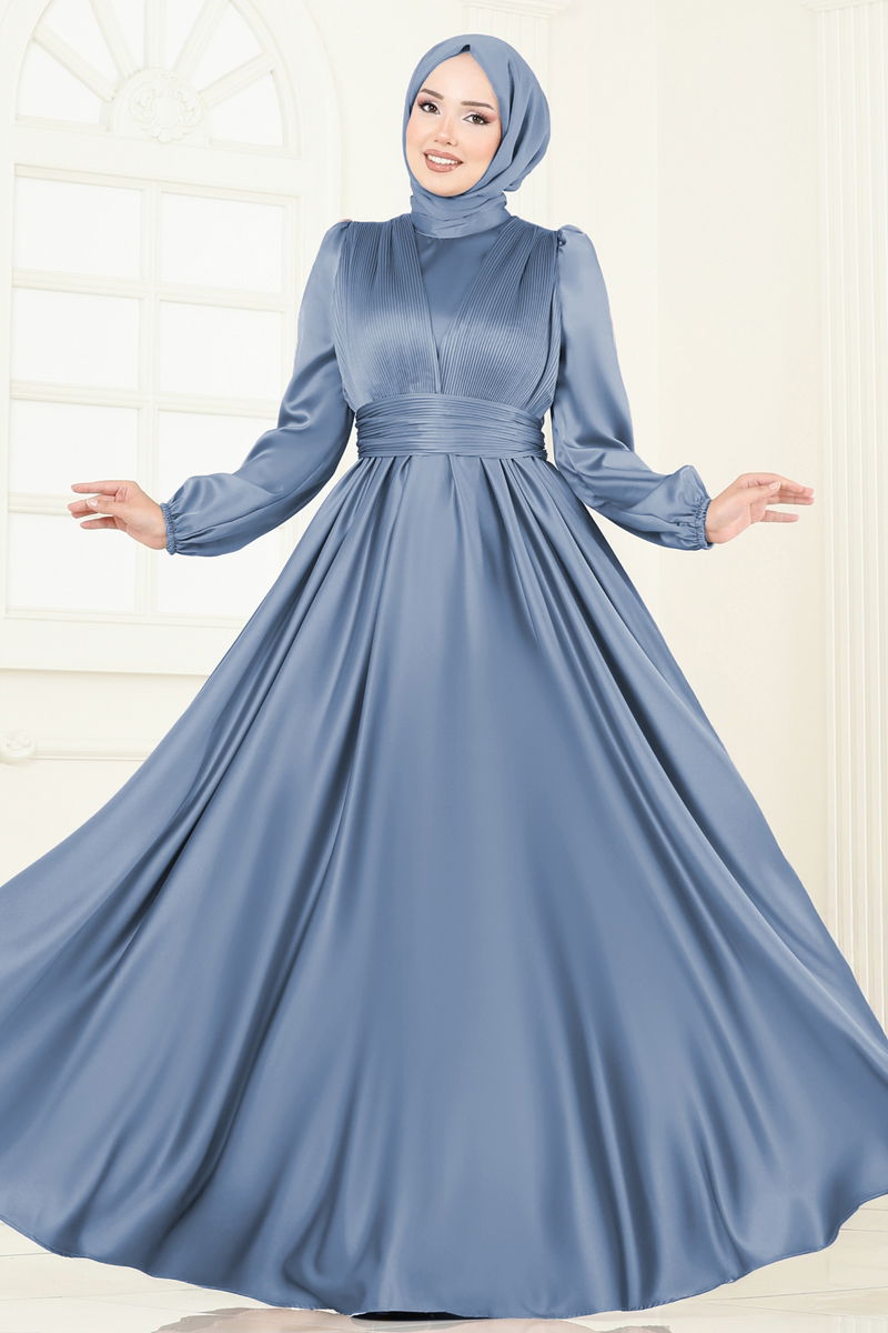 Evening Dress Blue Belted Modest Maxi Gown 2382ANT466