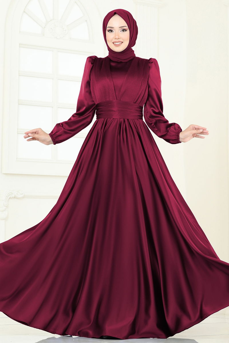 Evening Dress Burgundy Belted Modest Fashion 2382ANT466