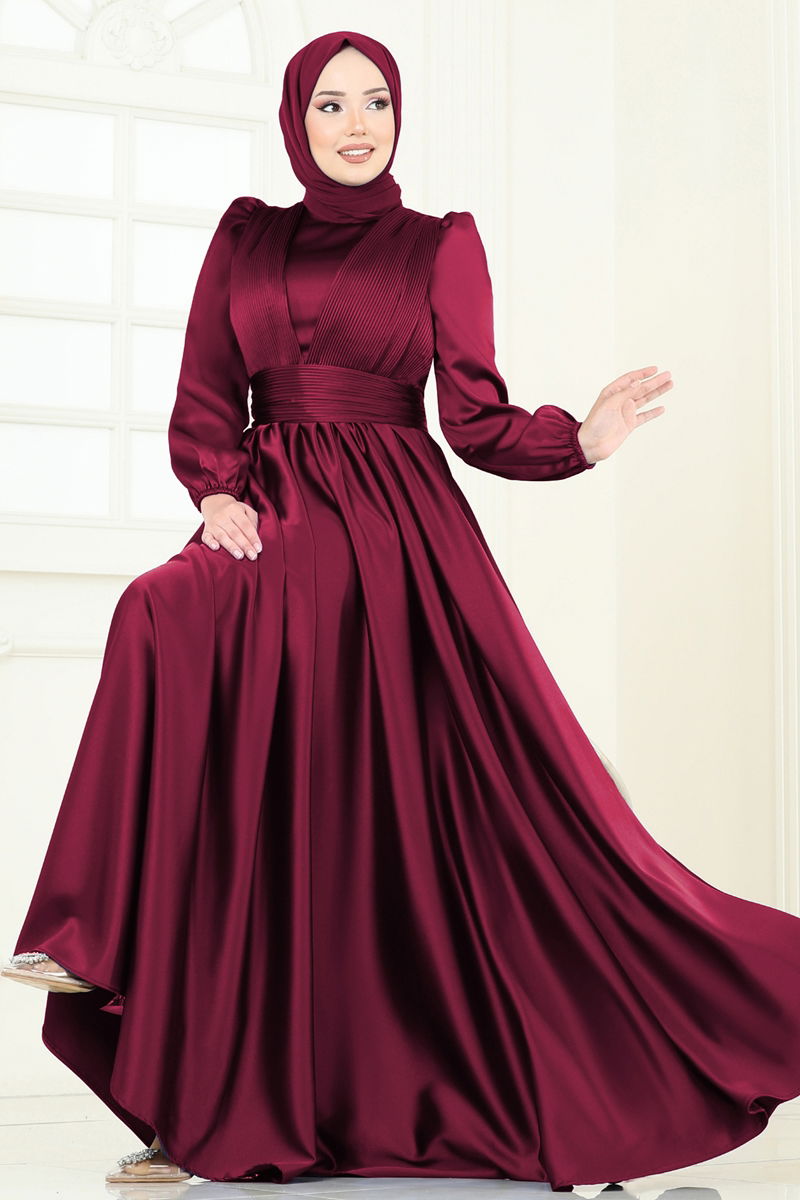 Evening Dress Burgundy Belted Modest Fashion 2382ANT466
