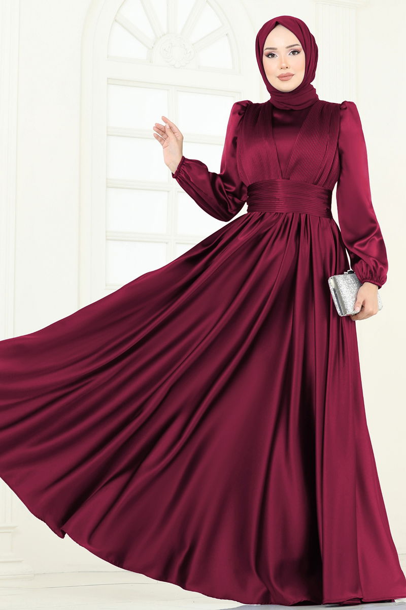 Evening Dress Burgundy Belted Modest Fashion 2382ANT466