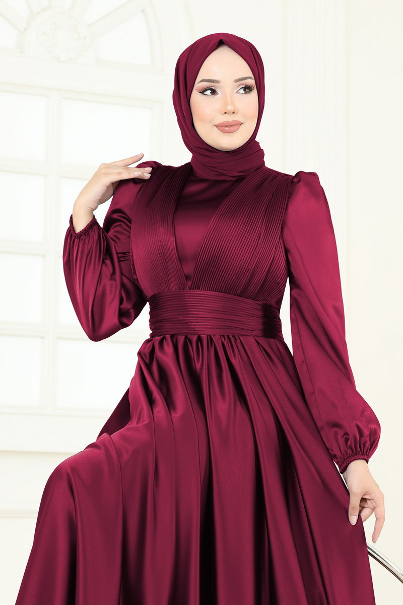 Evening Dress Burgundy Belted Modest Fashion 2382ANT466