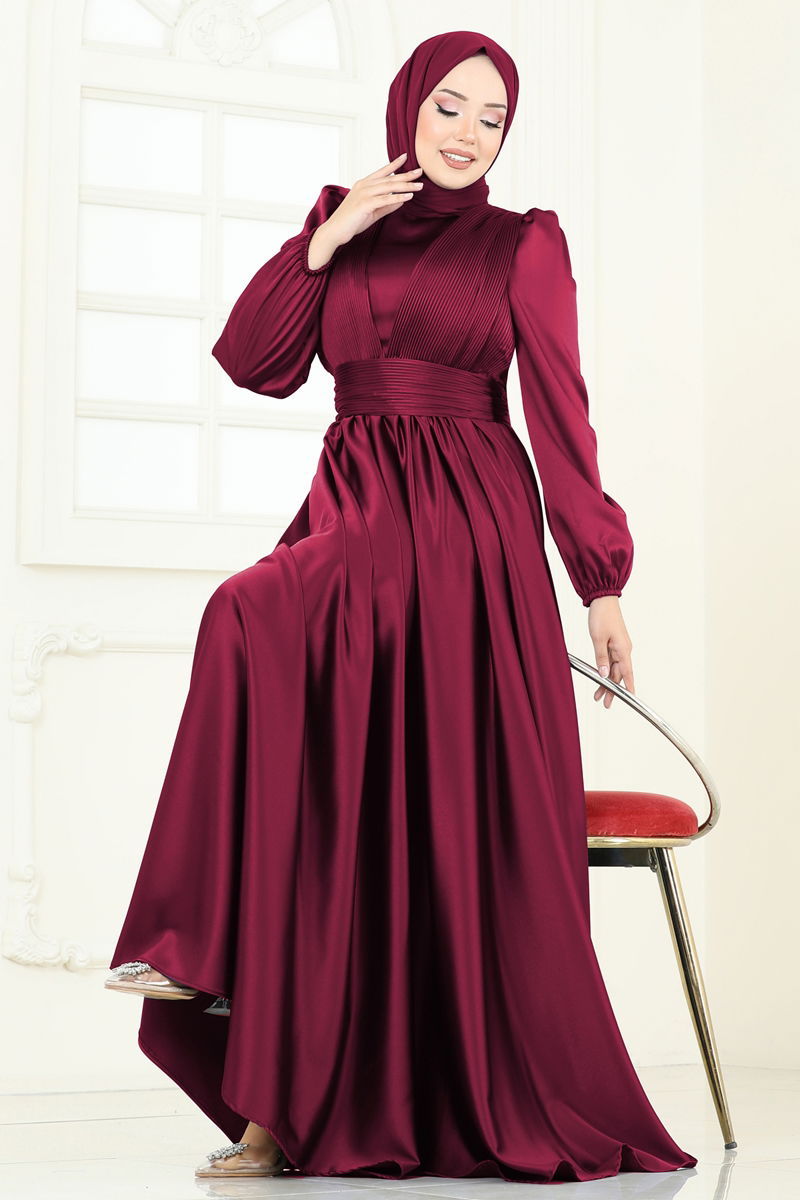 Evening Dress Burgundy Belted Modest Fashion 2382ANT466