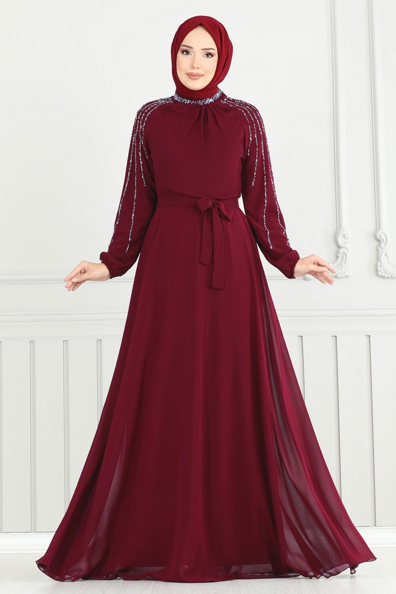 Evening Dress Burgundy Belted Modest Fashion 2420ANT466