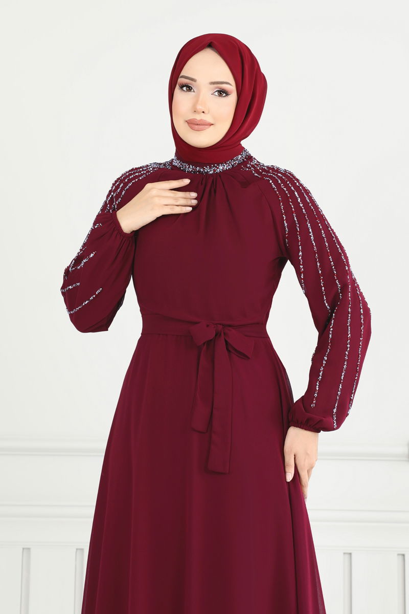 Evening Dress Burgundy Belted Modest Fashion 2420ANT466
