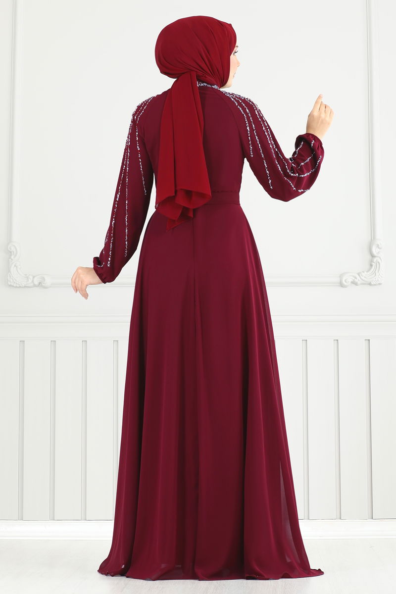 Evening Dress Burgundy Belted Modest Fashion 2420ANT466