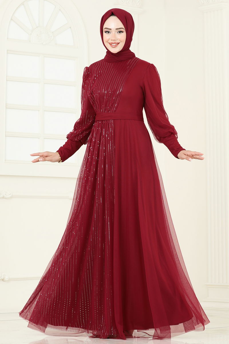 Evening Dress Burgundy Belted Modest Fashion