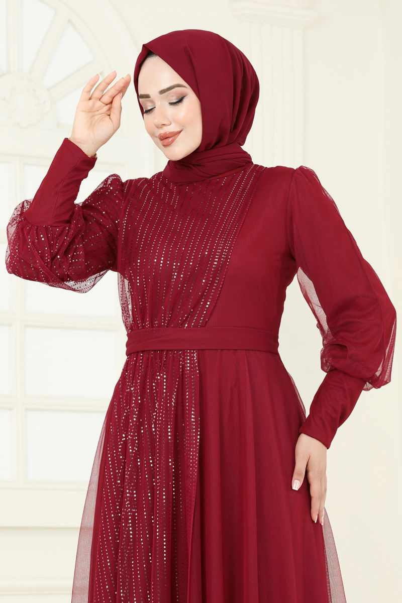 Evening Dress Burgundy Belted Modest Fashion