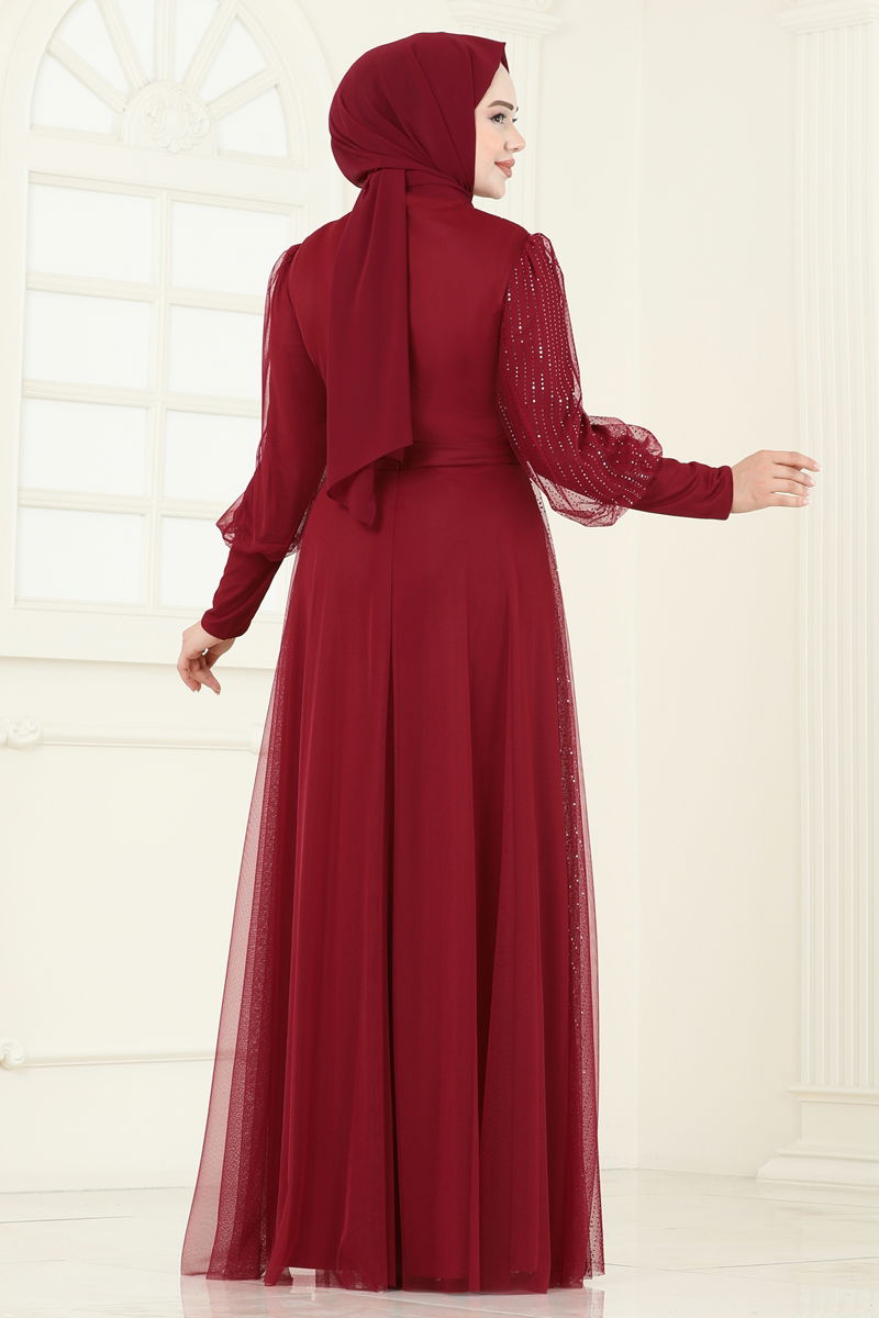 Evening Dress Burgundy Belted Modest Fashion