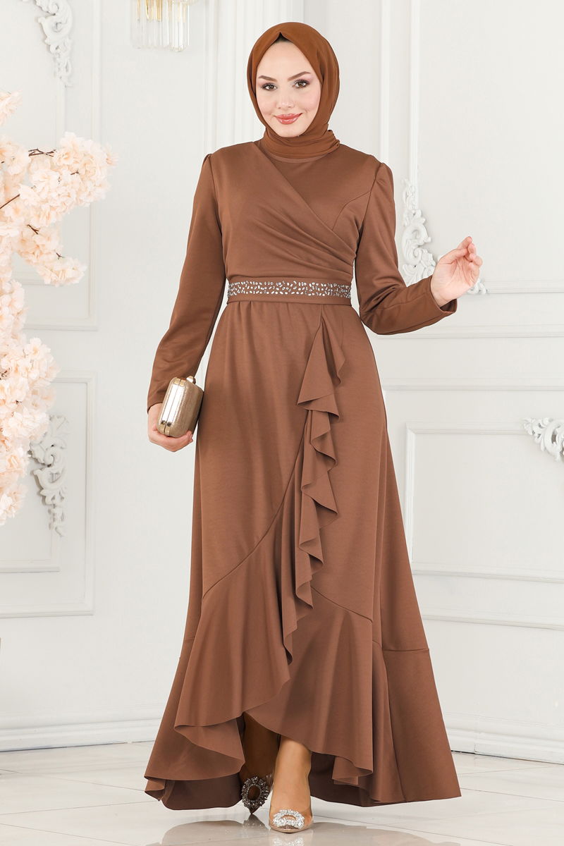Evening Dress 2497ASM1074 Tan Belted Modest Wear