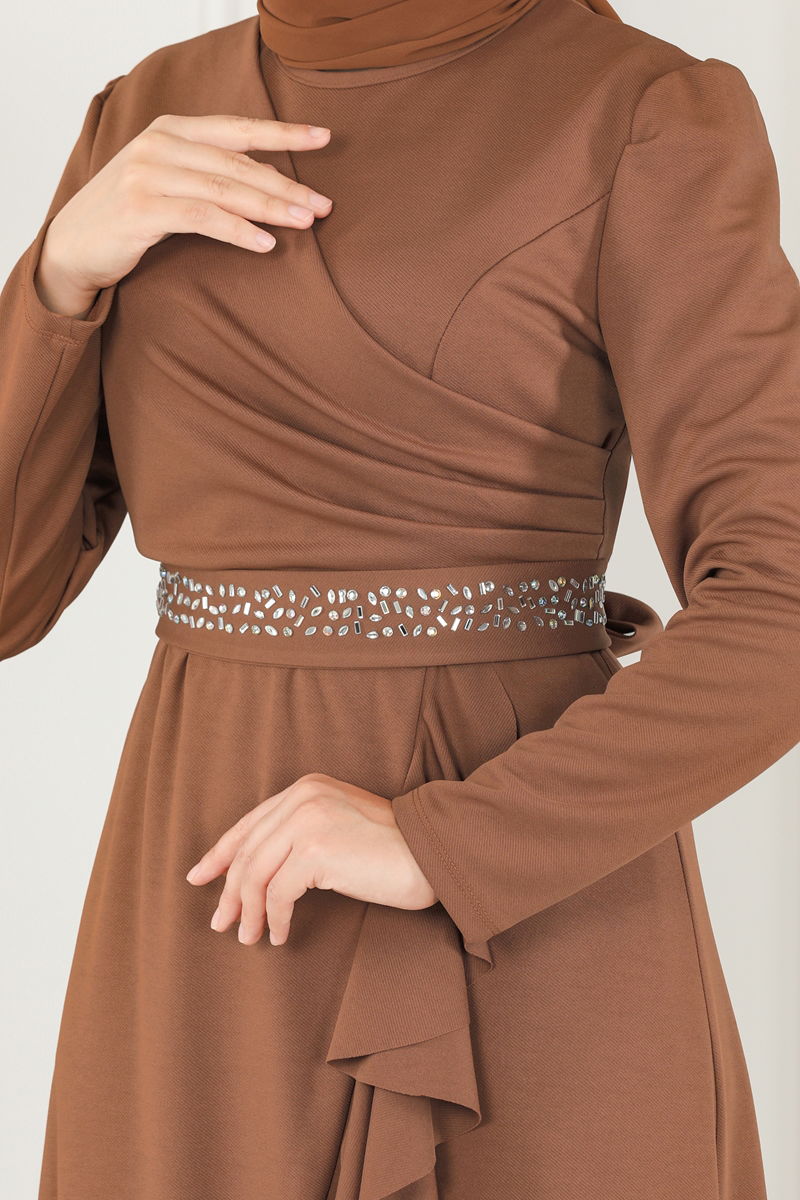 Evening Dress 2497ASM1074 Tan Belted Modest Wear