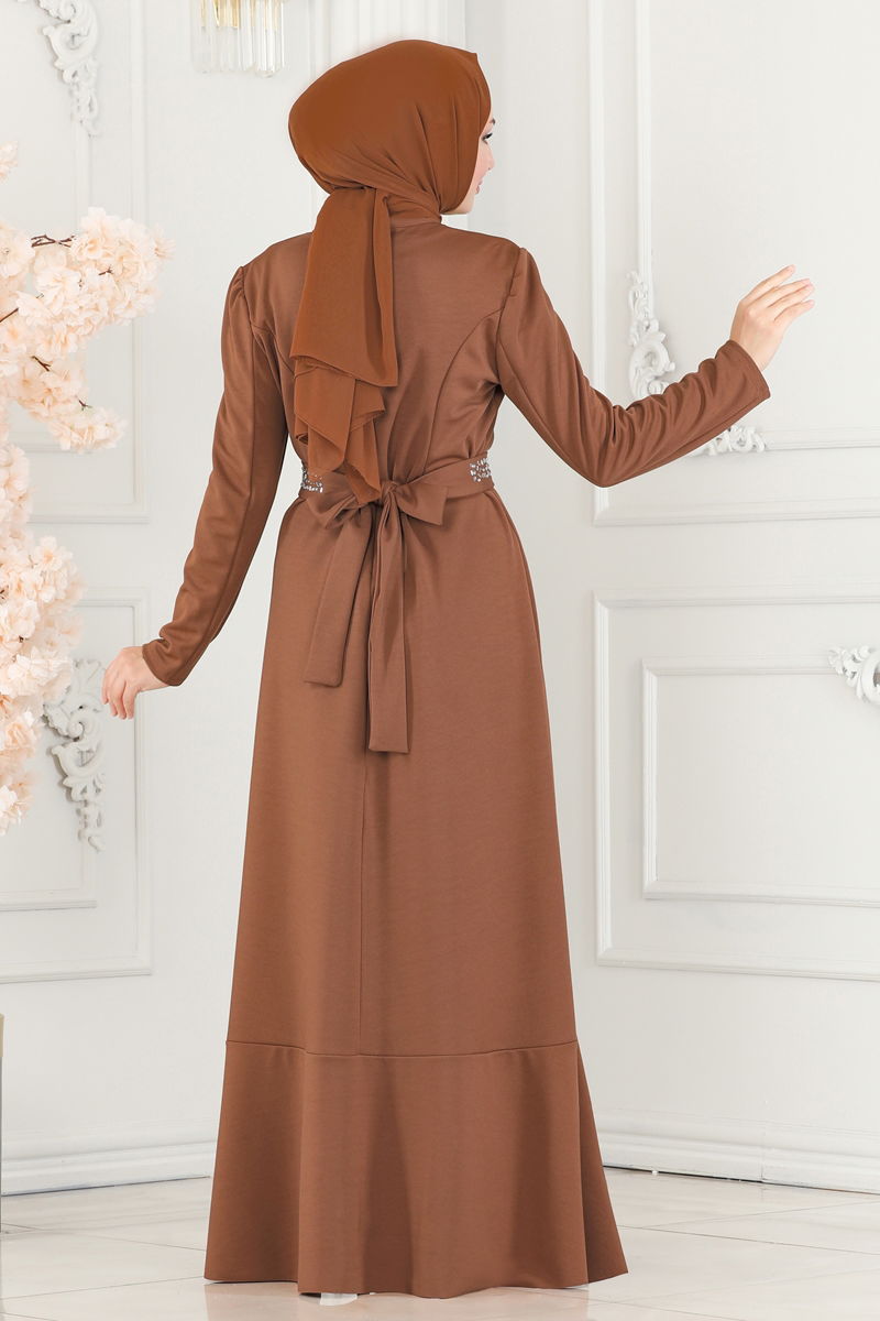 Evening Dress 2497ASM1074 Tan Belted Modest Wear