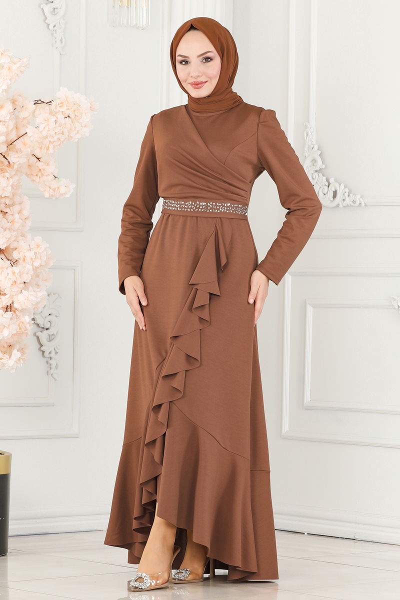 Evening Dress 2497ASM1074 Tan Belted Modest Wear