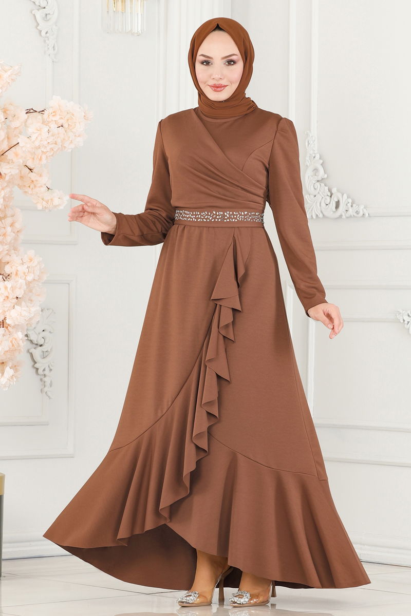Evening Dress 2497ASM1074 Tan Belted Modest Wear