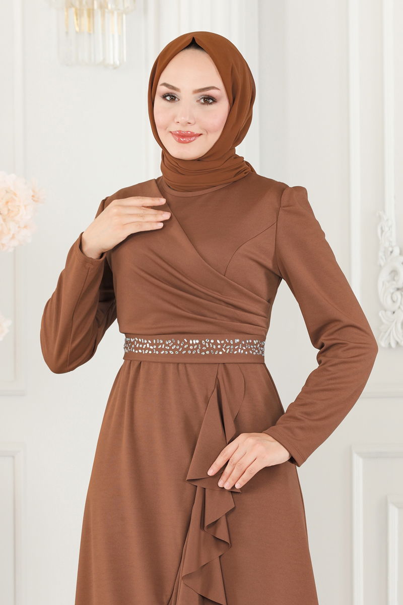 Evening Dress 2497ASM1074 Tan Belted Modest Wear