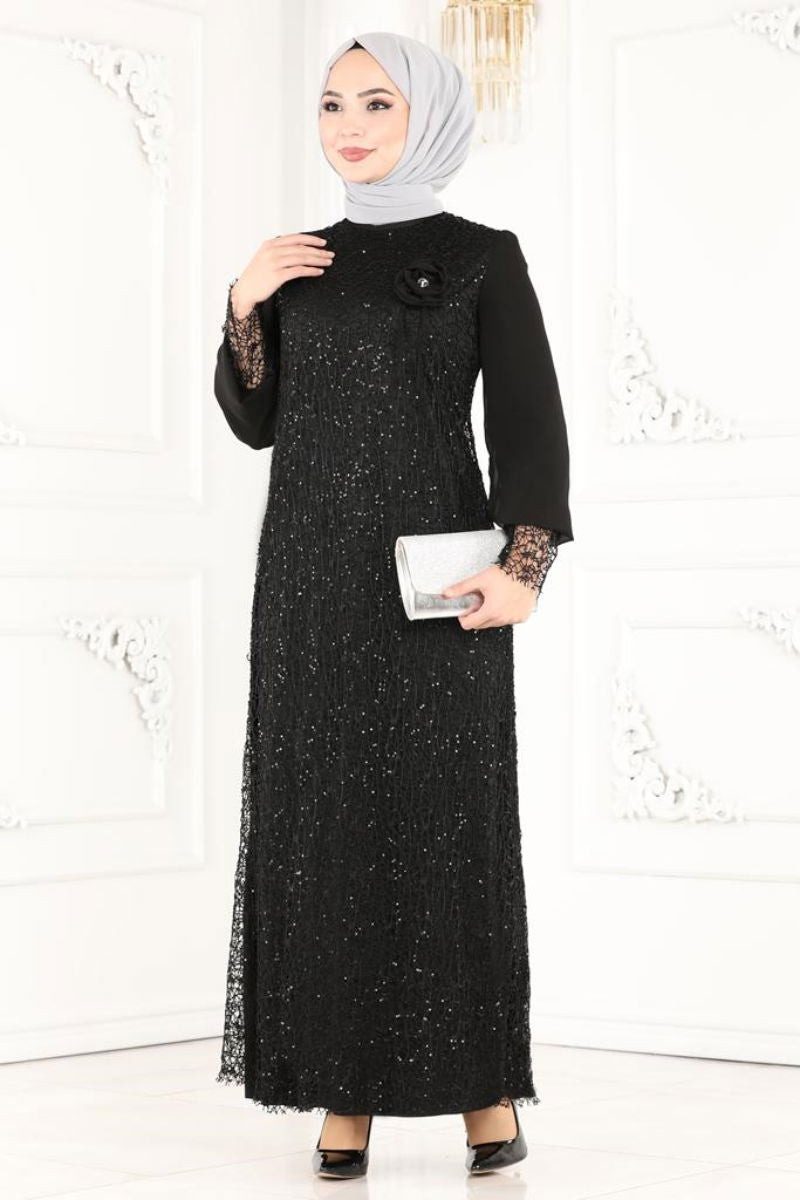 Evening Dress Black Flared Modest Taffeta Gown