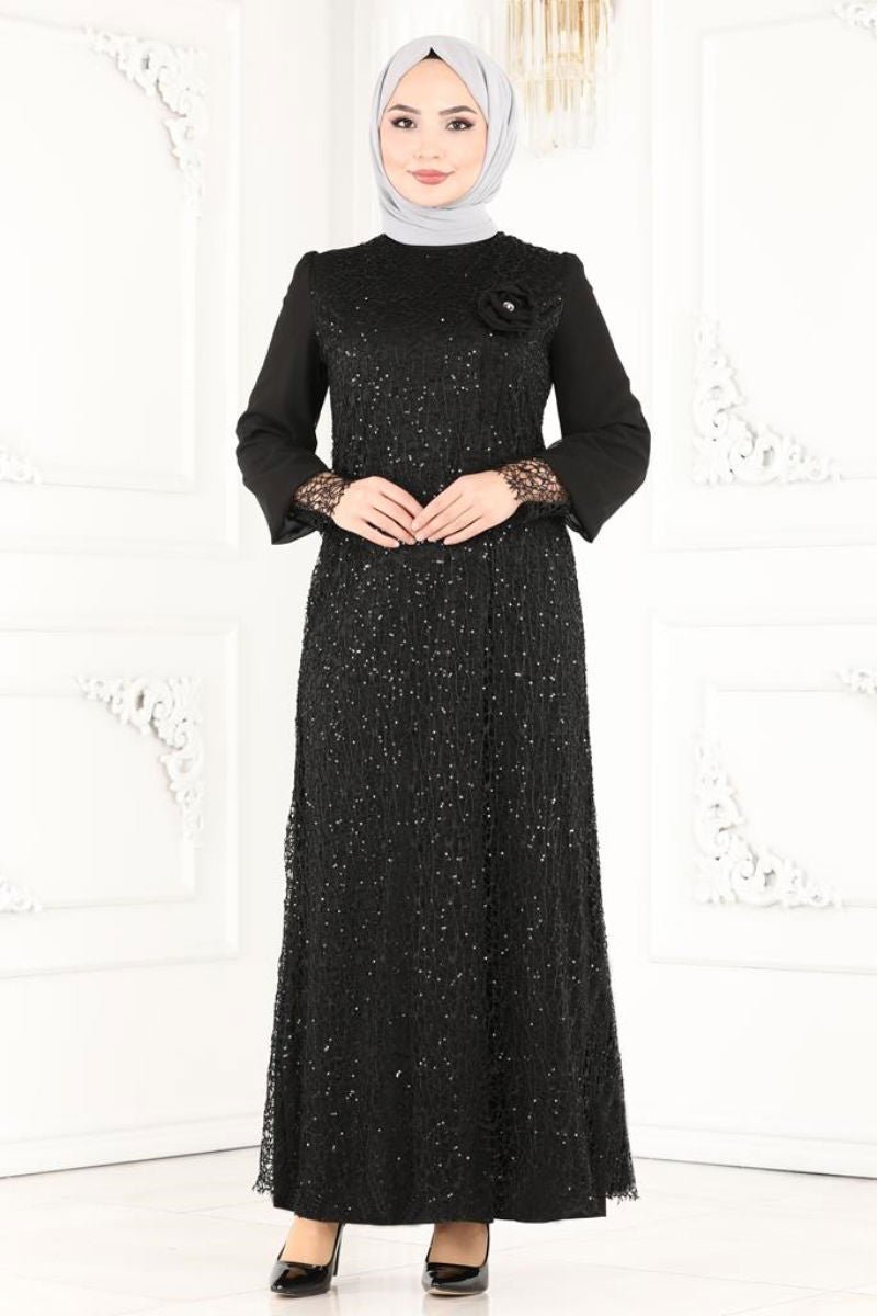 Evening Dress Black Flared Modest Taffeta Gown