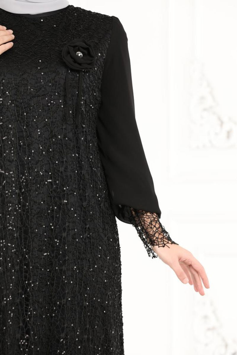 Evening Dress Black Flared Modest Taffeta Gown