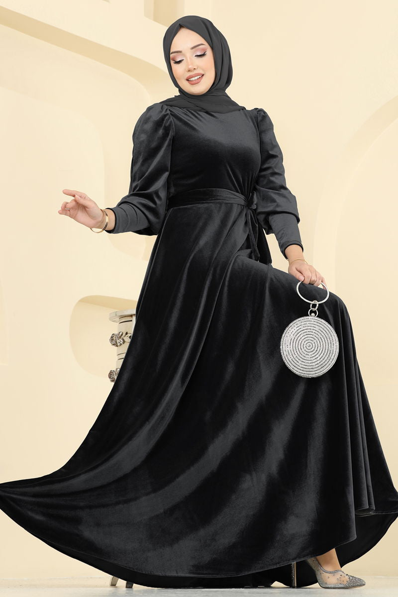 Evening Dress Black Patterned Modest Hijab Fashion Gown