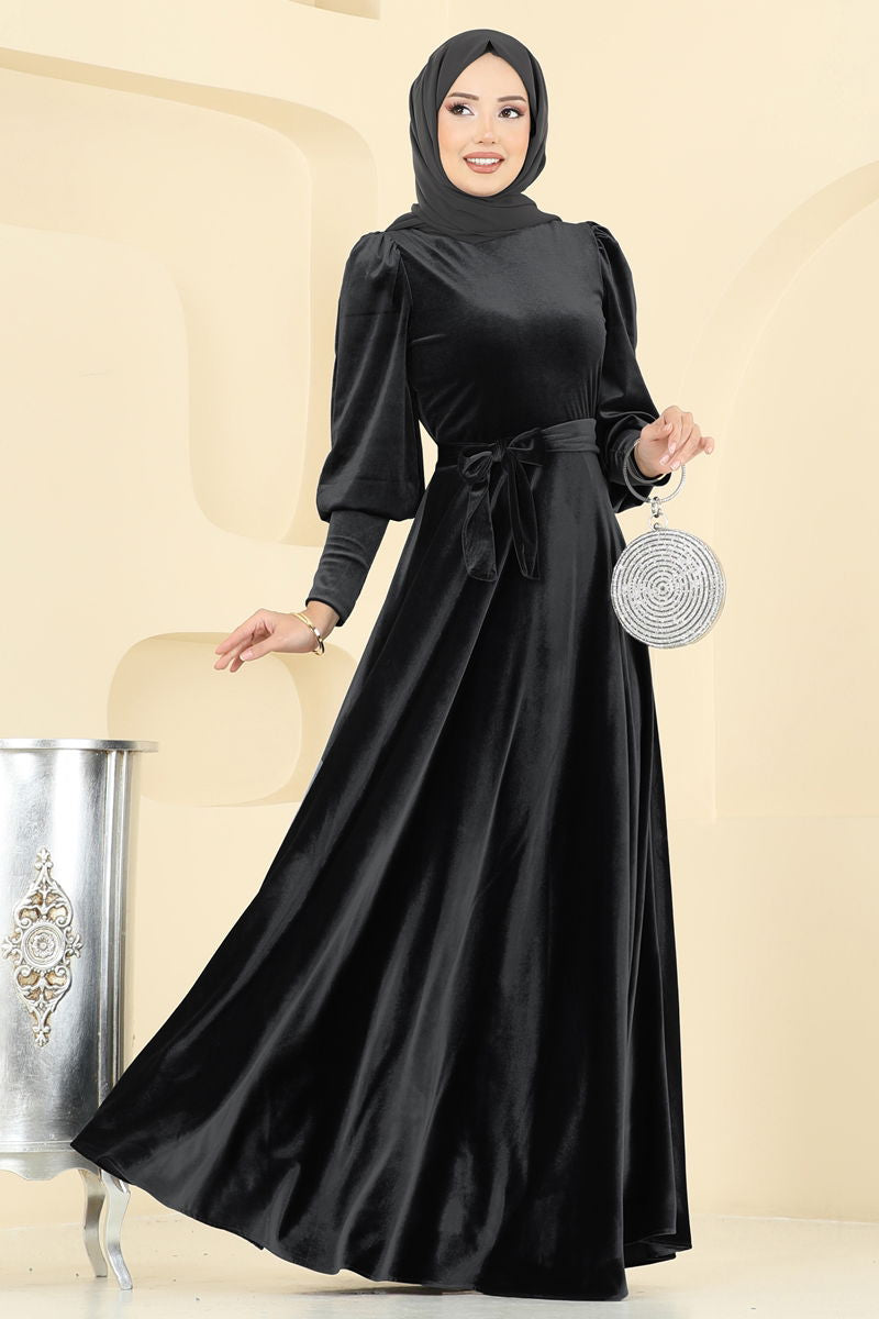 Evening Dress Black Patterned Modest Hijab Fashion Gown