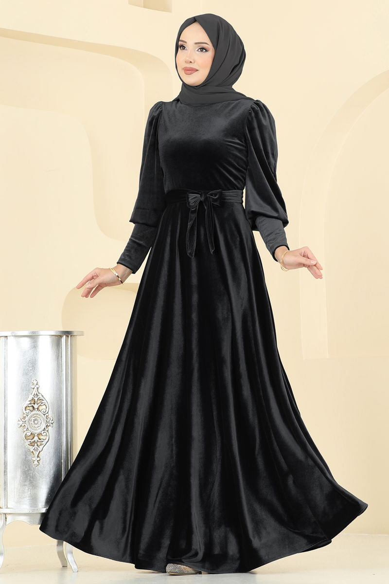 Evening Dress Black Patterned Modest Hijab Fashion Gown