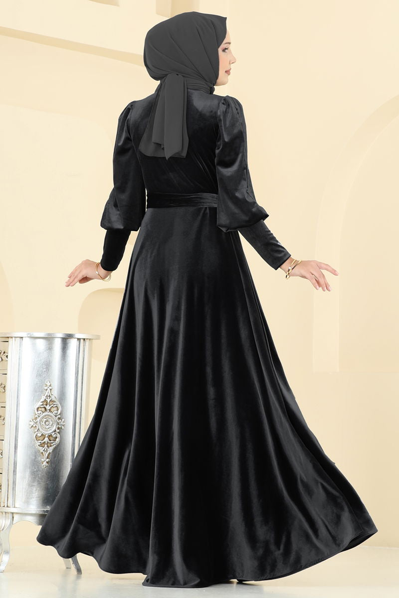 Evening Dress Black Patterned Modest Hijab Fashion Gown