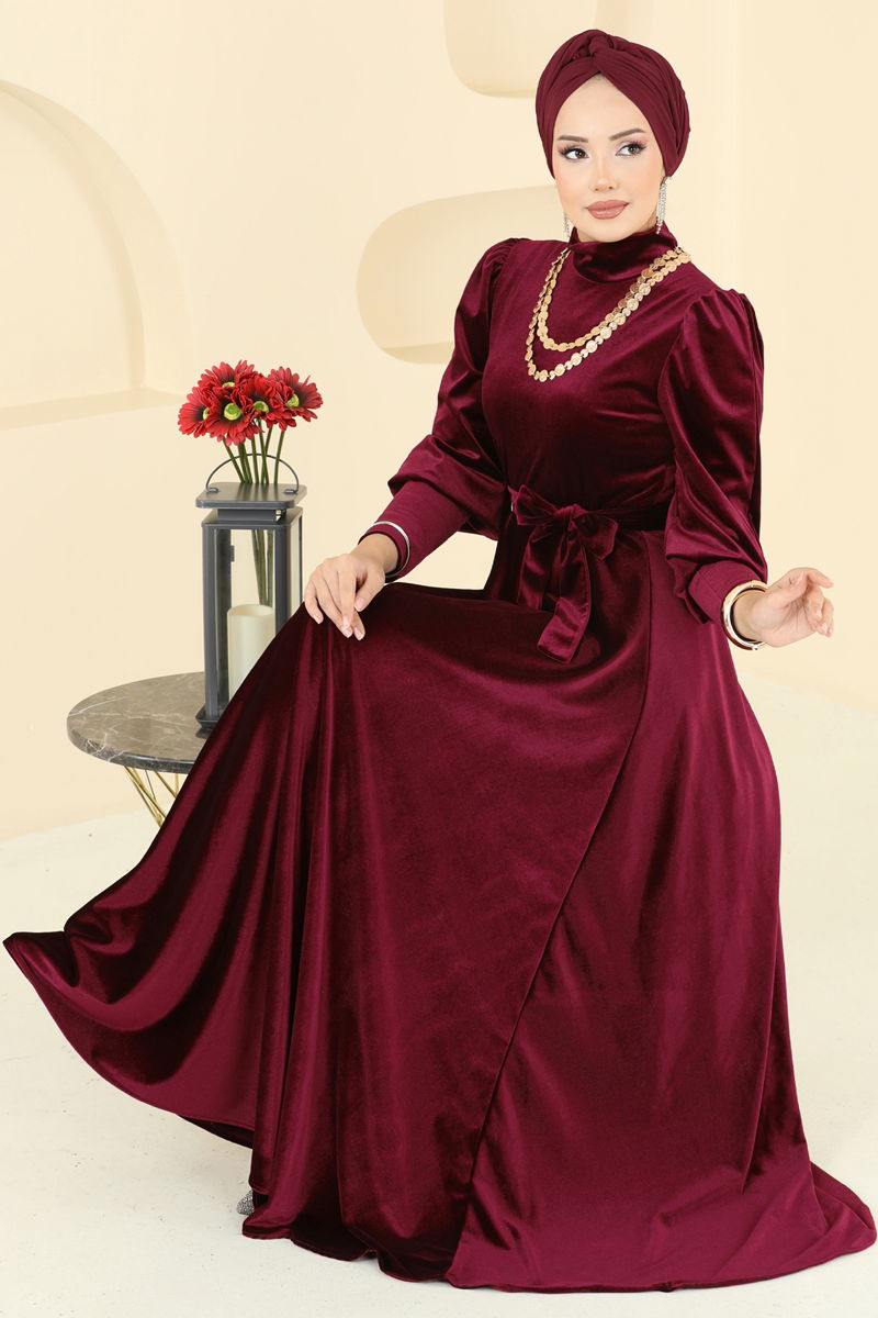 Evening Dress Burgundy Belted Modest Fashion 2586