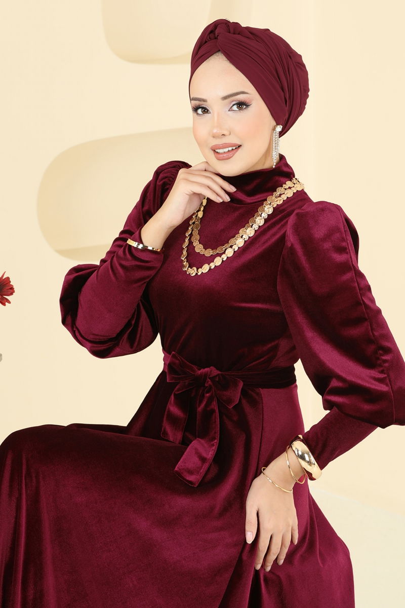Evening Dress Burgundy Belted Modest Fashion 2586