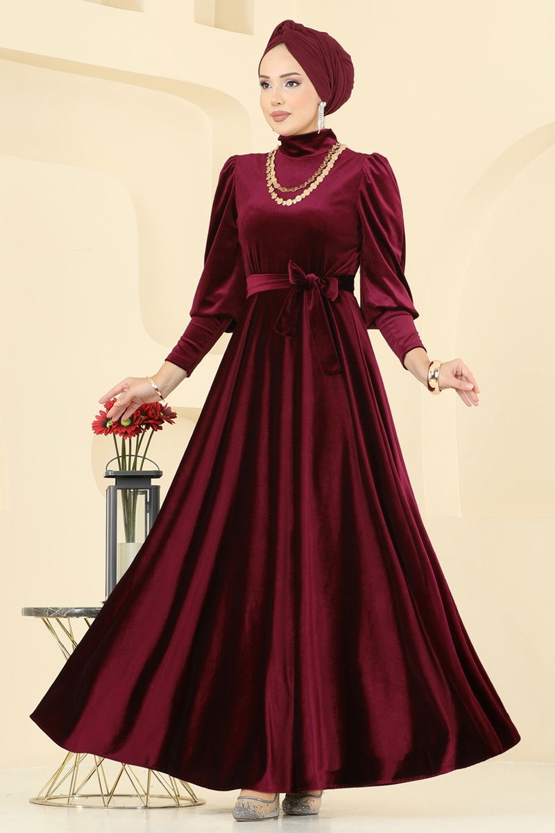Evening Dress Burgundy Belted Modest Fashion 2586