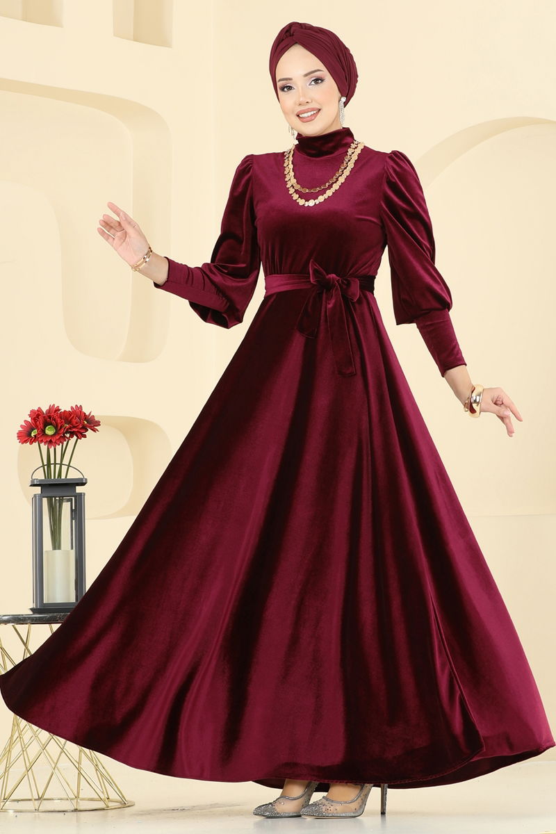 Evening Dress Burgundy Belted Modest Fashion 2586