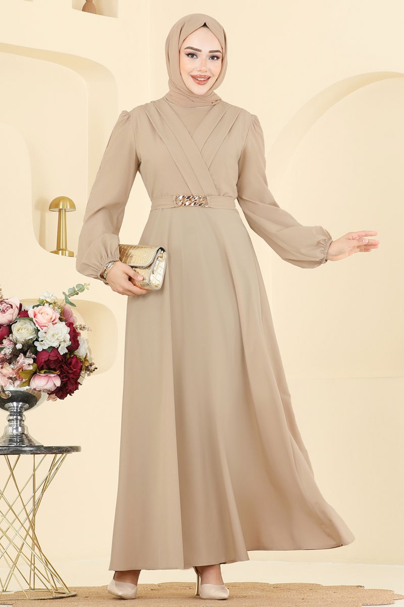 Evening Dress Beige Belted Modest Maxi Dress