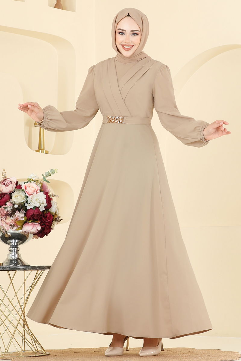 Evening Dress Beige Belted Modest Maxi Dress