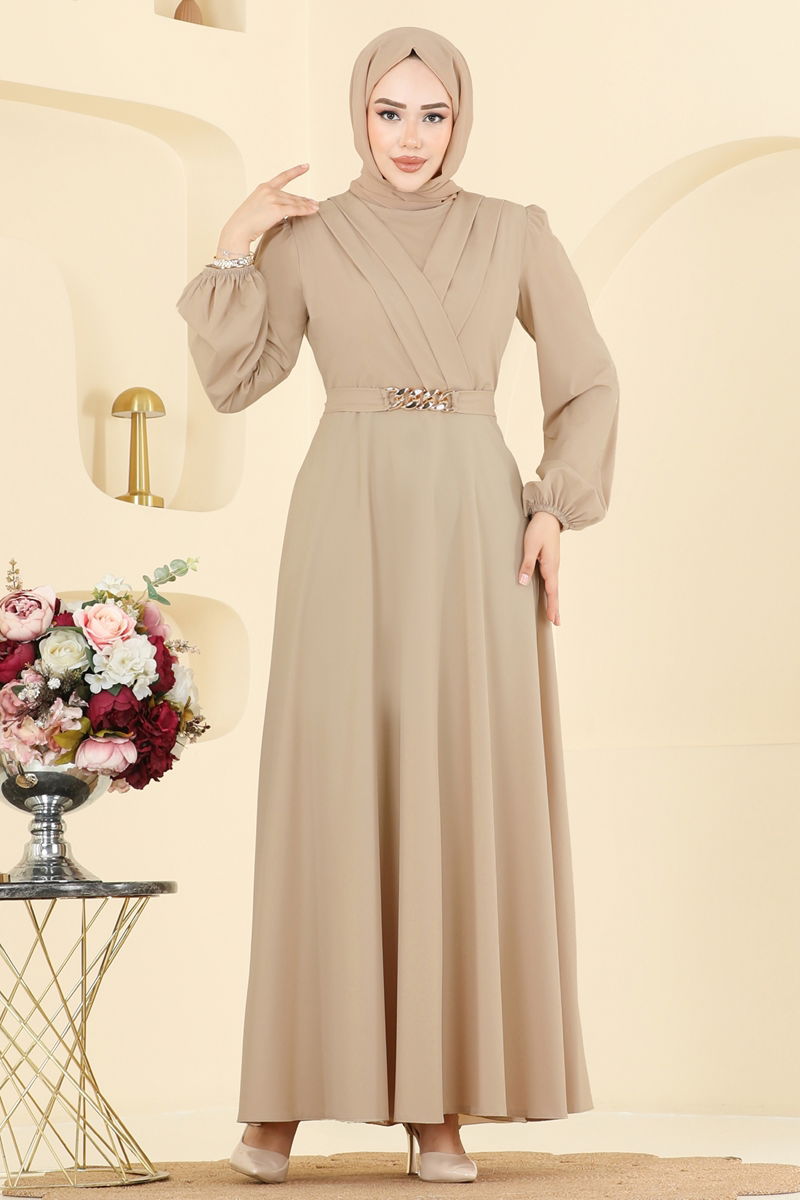 Evening Dress Beige Belted Modest Maxi Dress
