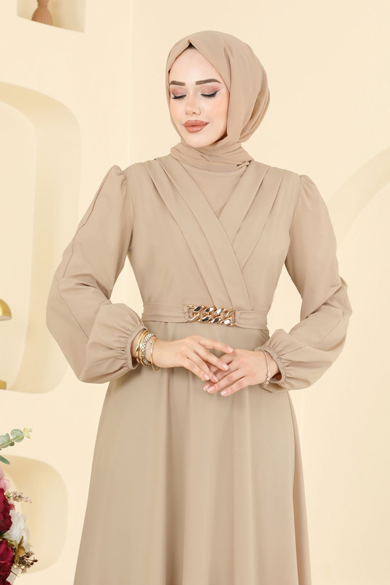 Evening Dress Beige Belted Modest Maxi Dress
