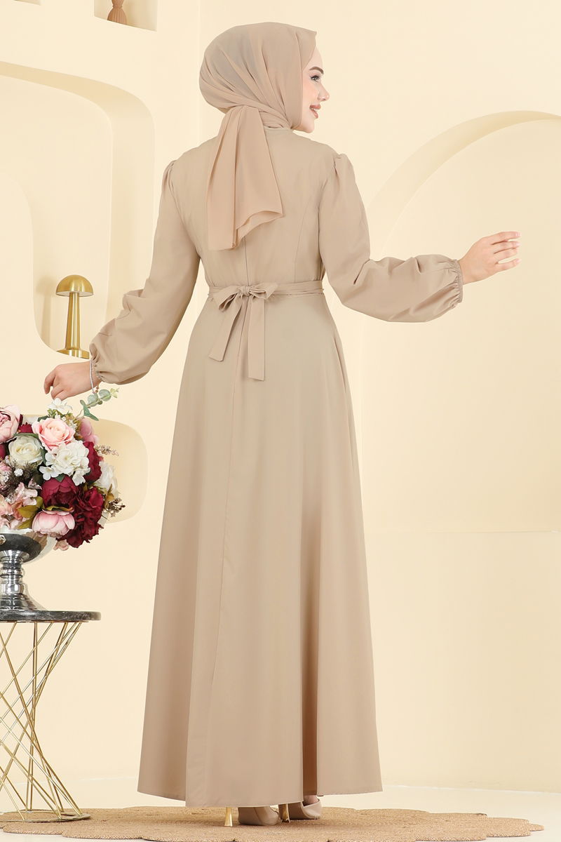 Evening Dress Beige Belted Modest Maxi Dress