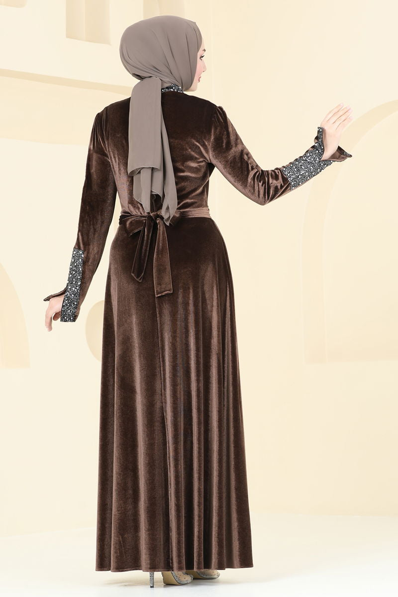 Evening Dress - Brown Belted Modest Formal Wear 2776ASM1074