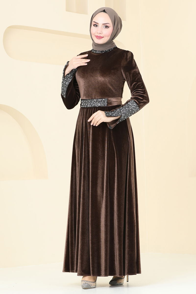 Evening Dress - Brown Belted Modest Formal Wear 2776ASM1074