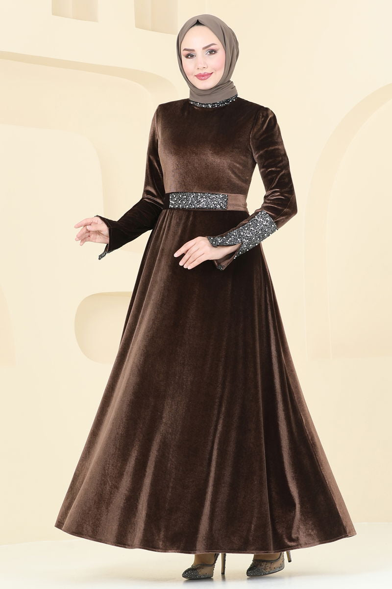 Evening Dress - Brown Belted Modest Formal Wear 2776ASM1074