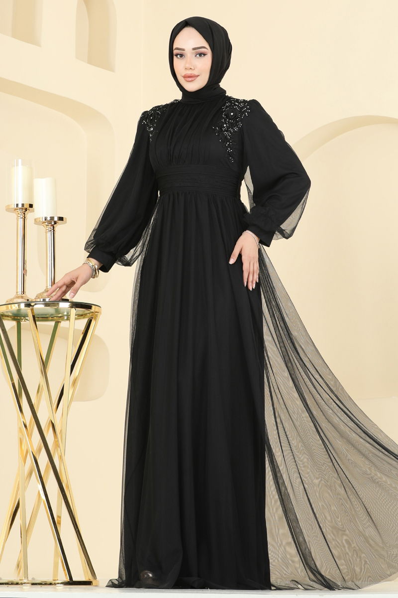 Evening Dress Black Pleated Modest Islamic Fashion 2820ELC1143