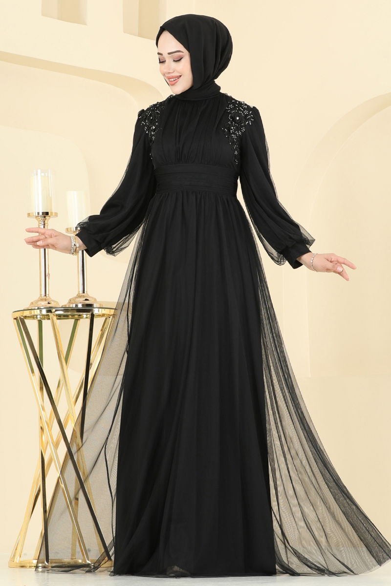 Evening Dress Black Pleated Modest Islamic Fashion 2820ELC1143