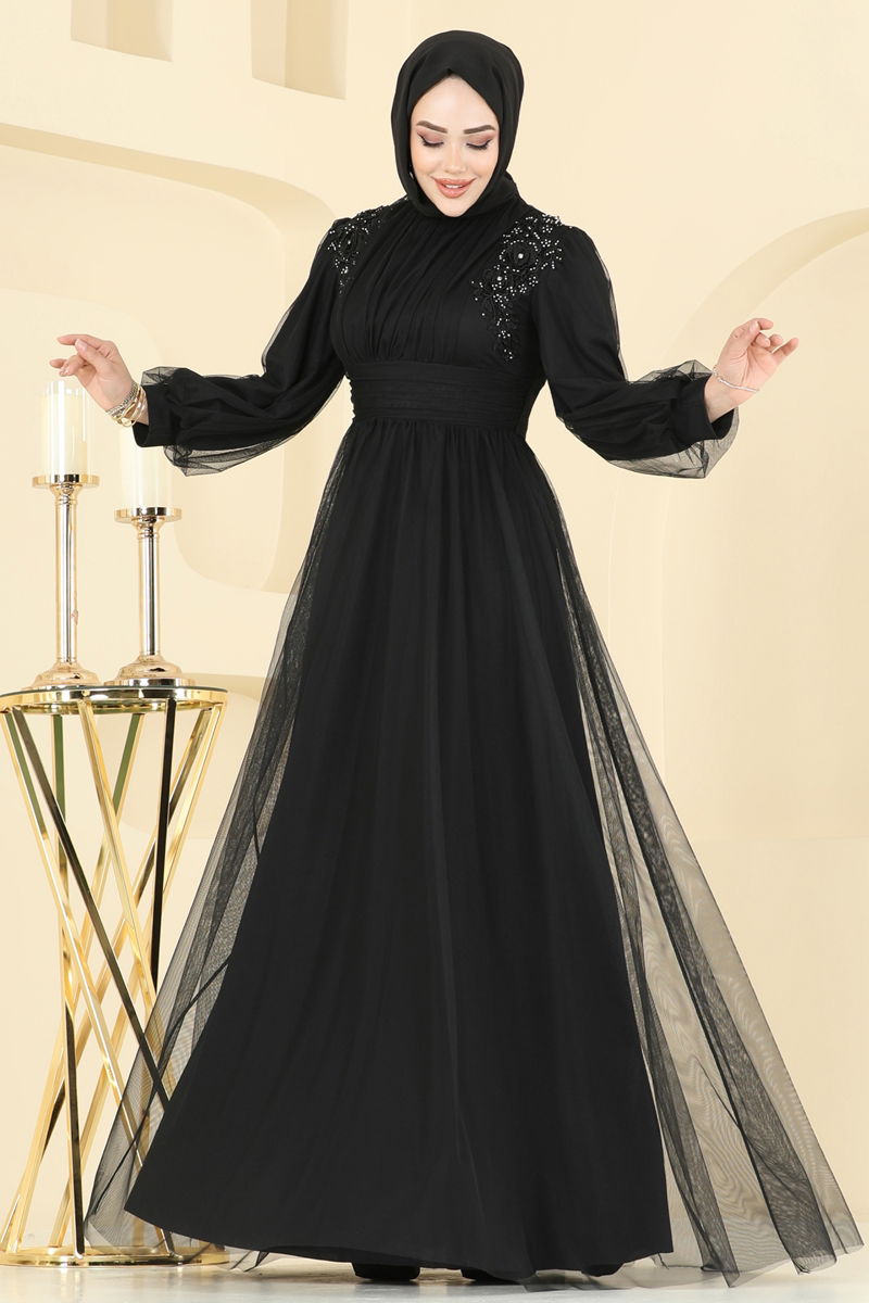 Evening Dress Black Pleated Modest Islamic Fashion 2820ELC1143