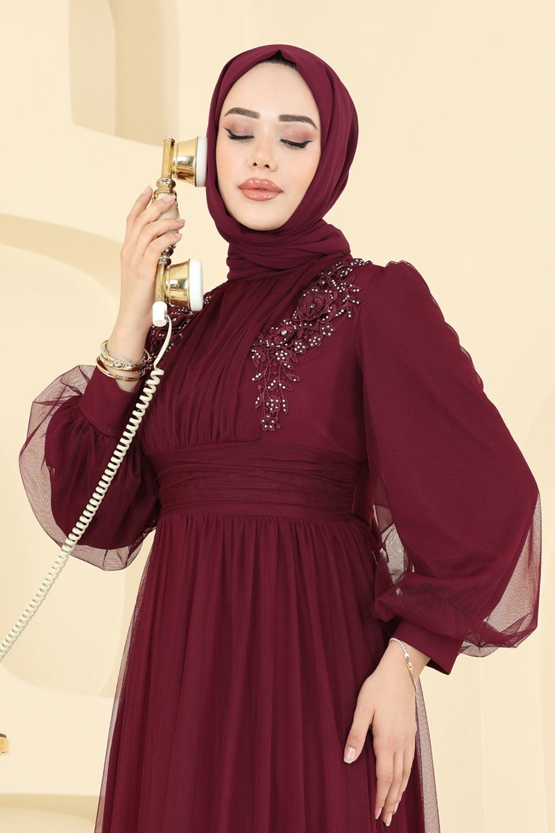 Evening Dress Burgundy Belted Modest Long Sleeve