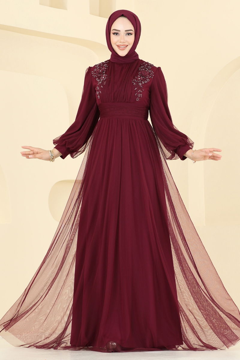 Evening Dress Burgundy Belted Modest Long Sleeve